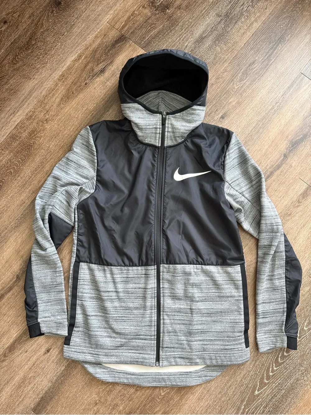 Nike Black and Gray Hooded Full-Zip Jacket with White Swoosh